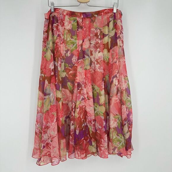 Jones New York Womens Silk Midi Skirt Size 14 Pink Floral Flowy Fairy Romantic - Picture 11 of 11